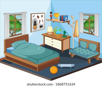 Bedroom interior with furniture in blue theme illustration