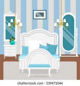 Bedroom interior with furniture and decoration in classic style. Bedroom interior cartoon vector illustration.