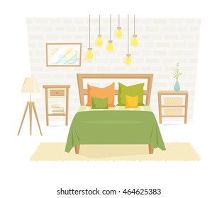 Bedroom interior with furniture and decoration in loft style cartoon vector illustration: bed, bedside table, lamp, pillow, shade. Modern 