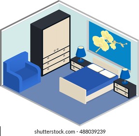 Bedroom interior with furniture. Isometric design in blue colors. Vector 3D illustration.