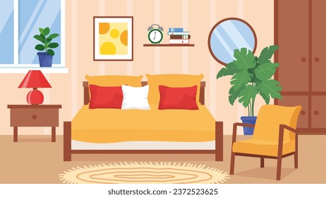 Bedroom interior with furniture. Vector illustration in flat cartoon style.