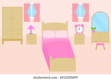 Bedroom interior with furniture.Hotel room or apartment with window.Cozy sleeping area.Graphic.Flat design.Contemporary modern home.Residential.House or real estate.Cartoon vector illustration.