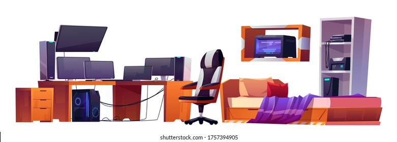 Bedroom interior of gamer, programmer or streamer. Vector cartoon set of furniture in teenager room with computer monitors on desk, chair, unmade bed and printer on shelf isolated on white background