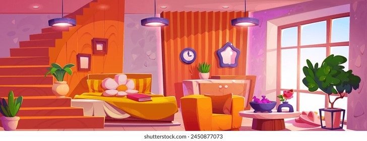 Dormitorio interior para niña. Diseño del hogar del adolescente de la historieta con la cama, planta en la olla, el sillón y la almohada elegante de la flor. Escalera en bonita habitación con luz natural de la ventana. Luminoso apartamento de confort para adolescentes