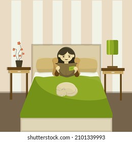 Bedroom interior. Girl reading lying in bed cat sleeping on bed vector illustration