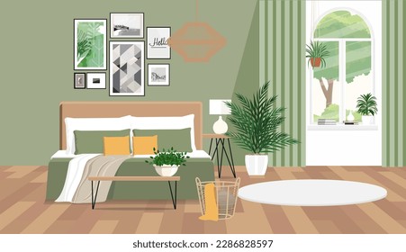 Bedroom interior in gray green tones with a ficus and pictures on a white wall