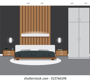 Bedroom interior in grey colors. Vector illustration