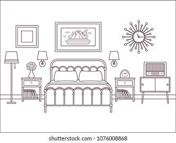 Bedroom interior. Hotel retro room with bed. Vector. Outline home space in line art flat design. House illustration 1960s. Linear contour background. Vintage apartment Coloring page Black white sketch