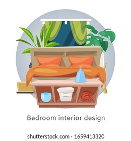 Bedroom interior or hotel room vector cartoon illustration. Apartment inside. Detailed modern house bedroom interior. Room with furniture, beds, window, home design, plants and accessories.