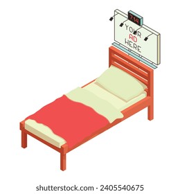 Bedroom interior icon isometric vector. Bed with linen and big poster on wall. Interior element, room design