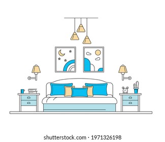 Bedroom Interior Inside Concept Contour Linear Style Include of Bed and Houseplant. Vector illustration of Lineart