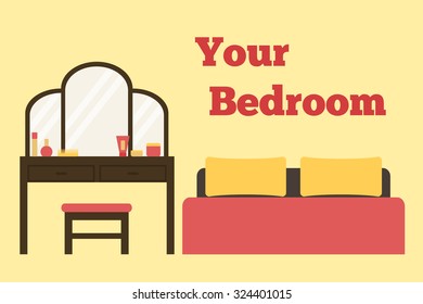 Bedroom. Bedroom interior. Isolated bedroom furniture on background. Classic bedroom furniture. Bedroom interior with text sample. Cozy bedroom. Flat style vector illustration. 