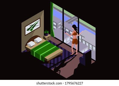 Bedroom interior in isometric style with a girl at the window. The girl holds a mug of coffee in her hands. Through the window you can see multi-storey buildings, a river, a bridge and a road