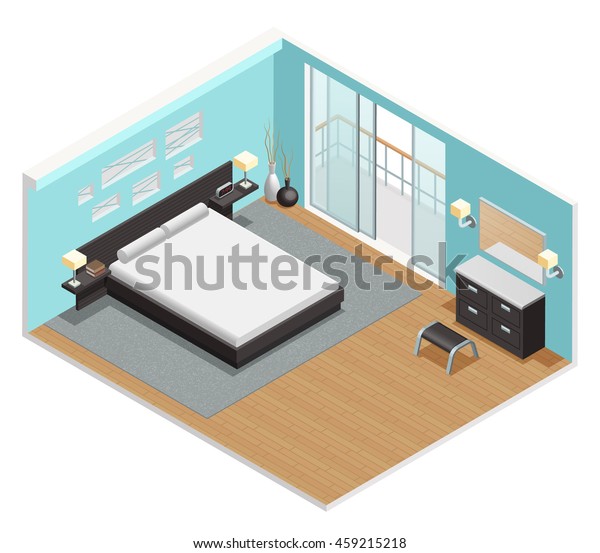 Bedroom Interior Isometric View King Size Stock Vektorgrafik