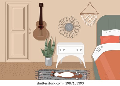 Bedroom interior with large bed, bedside table, door, guitar and houseplant. boho style interior