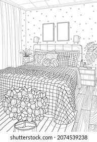 Bedroom interior with a large bed. Coloring book for adults. The interior of the room. Black and white illustration.