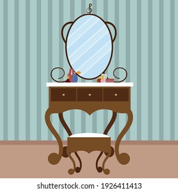 Bedroom. The interior of the bedroom. A light wood dressing table with a large round mirror in a wooden shaped frame and various items of decartive cosmetics on it. vector illustration