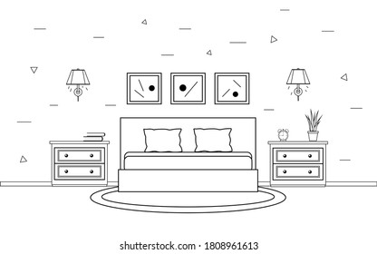 Bedroom interior in line art style. Modern bedroom interior with furniture. Vector illustration, isolated on white background