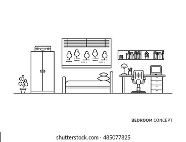 Bedroom interior line art vector illustration.
