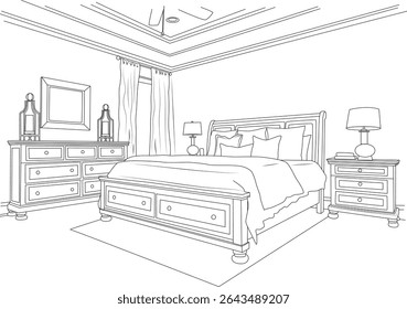 Quarto Interior Linha Desenho Ilustração, Linha desenho ilustração de um quarto residencial clássico interior com uma cama, cômoda, criado-mudo, lâmpadas, cortinas, ventilador de teto e tapete. Este