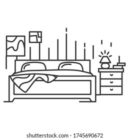 Bedroom interior line icon. Thin line icon with double bed and nightstand in sleeping room. Comfortable bedding and furniture. Home interior and lifestyle. Linear vector illustration.Editable stroke
