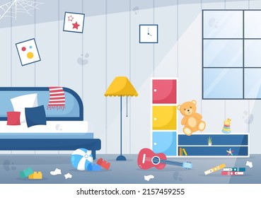 The Bedroom Interior of Messy or Dirty with Trash and Items Scattered Everywhere on Modern Style in Cartoon Vector Illustration