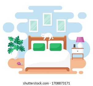 Interior de la habitación. Pancarta moderna. Vector. Diseño de una habitación acogedora con cama doble, mesita de noche, bonito gato y accesorios decorativos. Mobiliario doméstico. Ilustración plana aislada en fondo blanco.