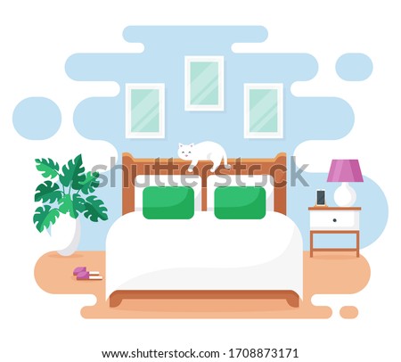 Bedroom interior. Modern banner. Vector. Design of a cozy room with double bed, bedside table, cute cat, and decor accessories. Home furnishings. Flat illustration isolated on white background.