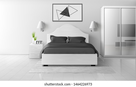 Bedroom interior in monochrome colors, modern home or hotel empty apartment with double king size bed, wardrobe with mirror slide doors, TV, nightstands, lamps, clock. Realistic 3d vector illustration