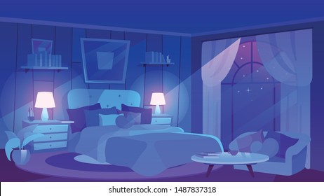 Bedroom interior in moonlight rays flat vector illustration. Trendy huge bed with bedside tables and picture in frame. Lampshades shedding soft light on sofa, plants, bookshelves. Modern coffee table