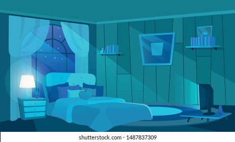 Bedroom interior in moonlight rays. Huge bed with trendy cushions and blanket. Bedside table with classic lampshade. Modern TV set shedding soft light. Big window decorated with lightweight curtains