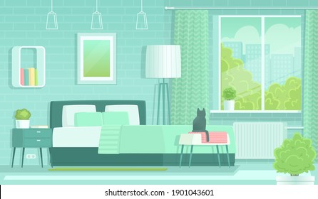 Bedroom interior in the morning. Bed, bedside table and lamp. Vector illustration in flat style