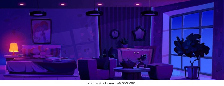 Bedroom interior at night with bed and lamp on nightstand, large window and plants. Cartoon vector illustration of girly room with furniture and decoration for sleeping at dusk. Dark empty home inside