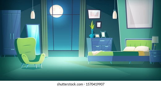 Bedroom interior at night cartoon vector illustration. Comfortable living room interior in moonlight with double bed, wardrobe and mirror, cozy house inside, apartment with furniture background