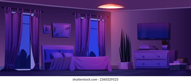 Bedroom interior at night - cartoon vector illustration of dark room for rest and sleep with double bed with pillows, TV and paintings on walls, large windows with curtains and light from lamp.