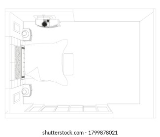 Innenumriss im Schlafzimmer. Plan für die Einrichtung in den Zimmern. Von oben anzeigen. Vektorgrafik