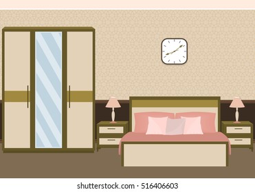 Bedroom interior in pastel colors with furniture. Flat vector illustration.