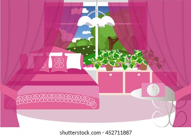Bedroom interior, pink color vector illustration