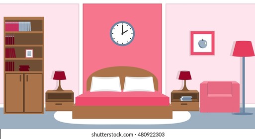 Bedroom interior in pink colors. Vector illustration. 