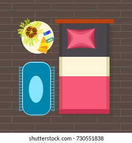 Bedroom interior planning consisting of single bed, nightstand with green plant and magazines on it, and carpet on brown floor vector illustration