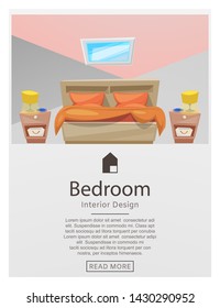 Bedroom interior poster design art, stylish home apartment decoration work. Vector illustration sofa for interior designer website or infographic