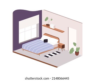 Bedroom interior project with furniture. Home room with double bed, nightstand, plants, door and window. Inside modern cosy apartment. Isometric flat vector illustration isolated on white background