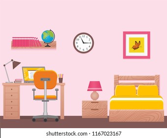 Bedroom Interior. Room With Single Bed, Desk. Vector. Home Furniture, Space Illustration In Flat Design. Cartoon House Equipment For Girl In Modern Apartment. Colorful Animated Background. 