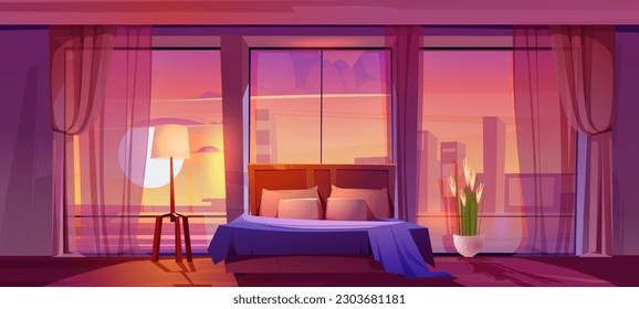 Bedroom interior room with sunset cityscape view vector background. Modern clean hotel apartment with cozy sleep furniture indoor design. Curtains on big window and beautiful domestic flower pot