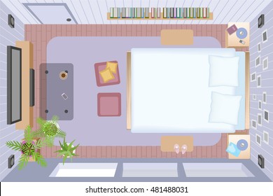 Bedroom. Interior room in violet tones. (top view)