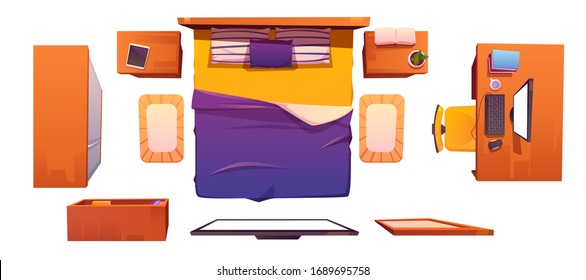 Bedroom interior set top view. Vector cartoon furniture for sleeping room, king size bed, tv, workspace with desk and computer, bookshelf, wardrobe and nightstands isolated on white background