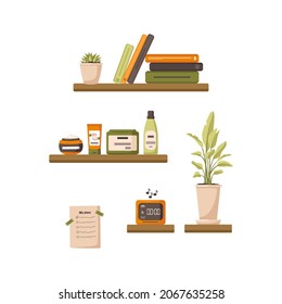 Bedroom interior with shelves of books, alarm clock, houseplants, tubes of cream and cosmetics for evening and morning skincare and plan for the day. Vector flat illustration items in apartment