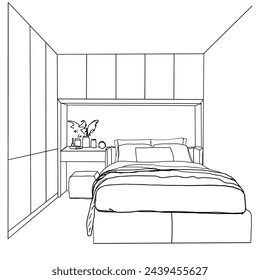 Bedroom interior sketch. Hand drawn furniture