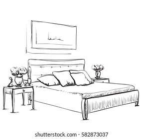 Bedroom interior sketch. Hand drawn furniture