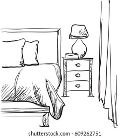 Bedroom interior sketch. Hand drawn furniture and bedclothes